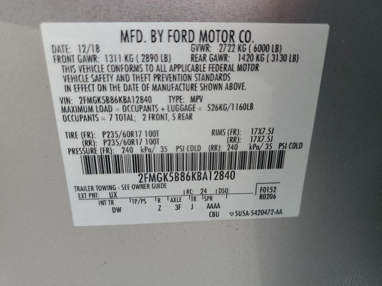 2019 Ford Flex VIN 2FMGK5B86KBA12840 Copart auction photo, front end / side damage thumbnail 14