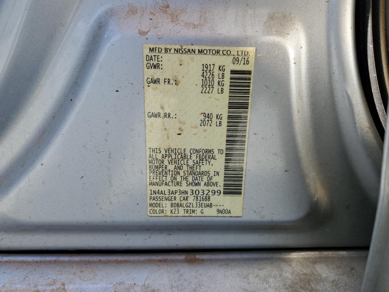 2017 Nissan Altima VIN 1N4AL3AP3HN303299 Copart auction photo, all over damage thumbnail 15