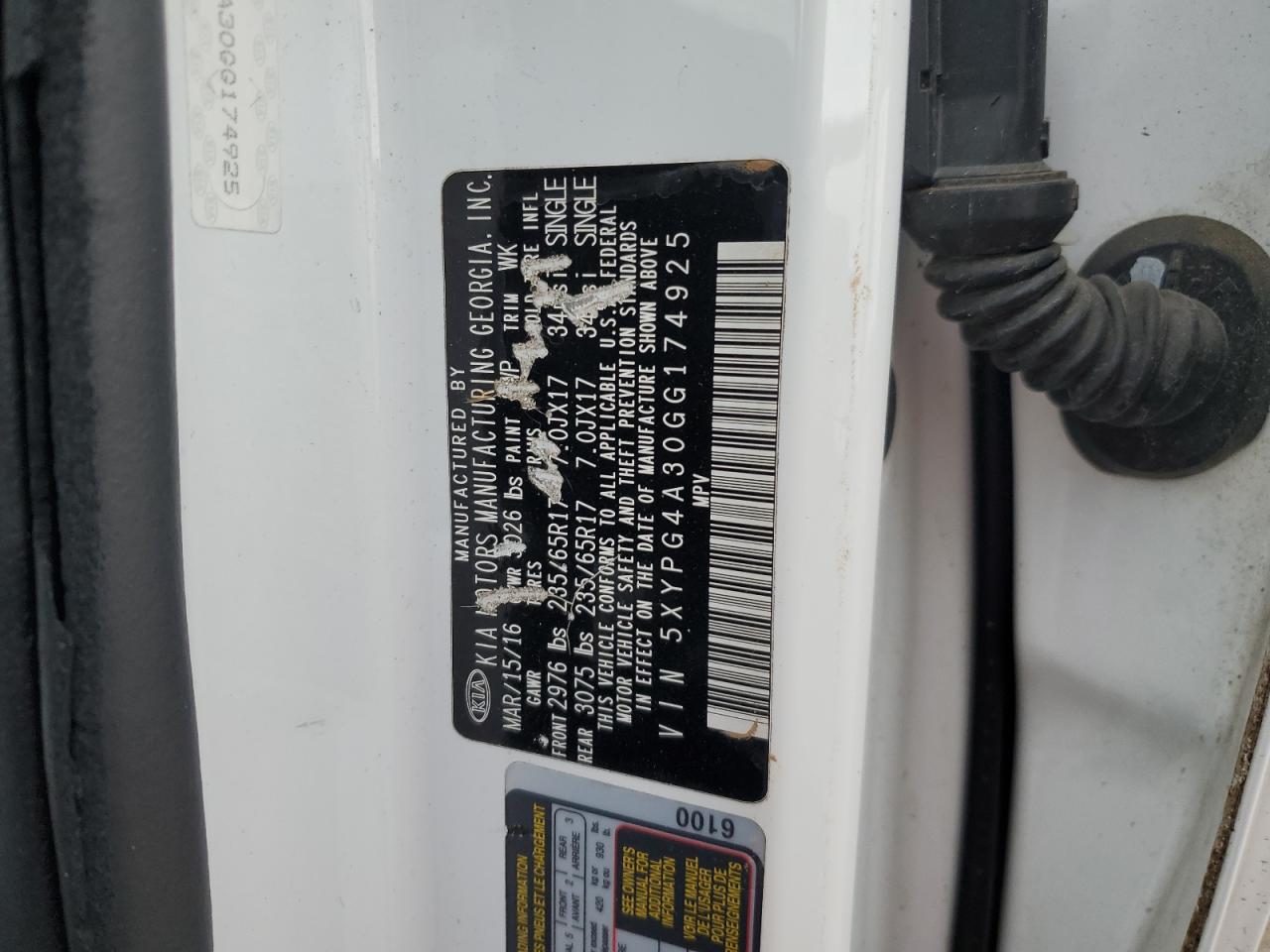 2016 KIA Sorento VIN 5XYPG4A30GG174925 Copart auction photo, rollover / all over damage thumbnail 14