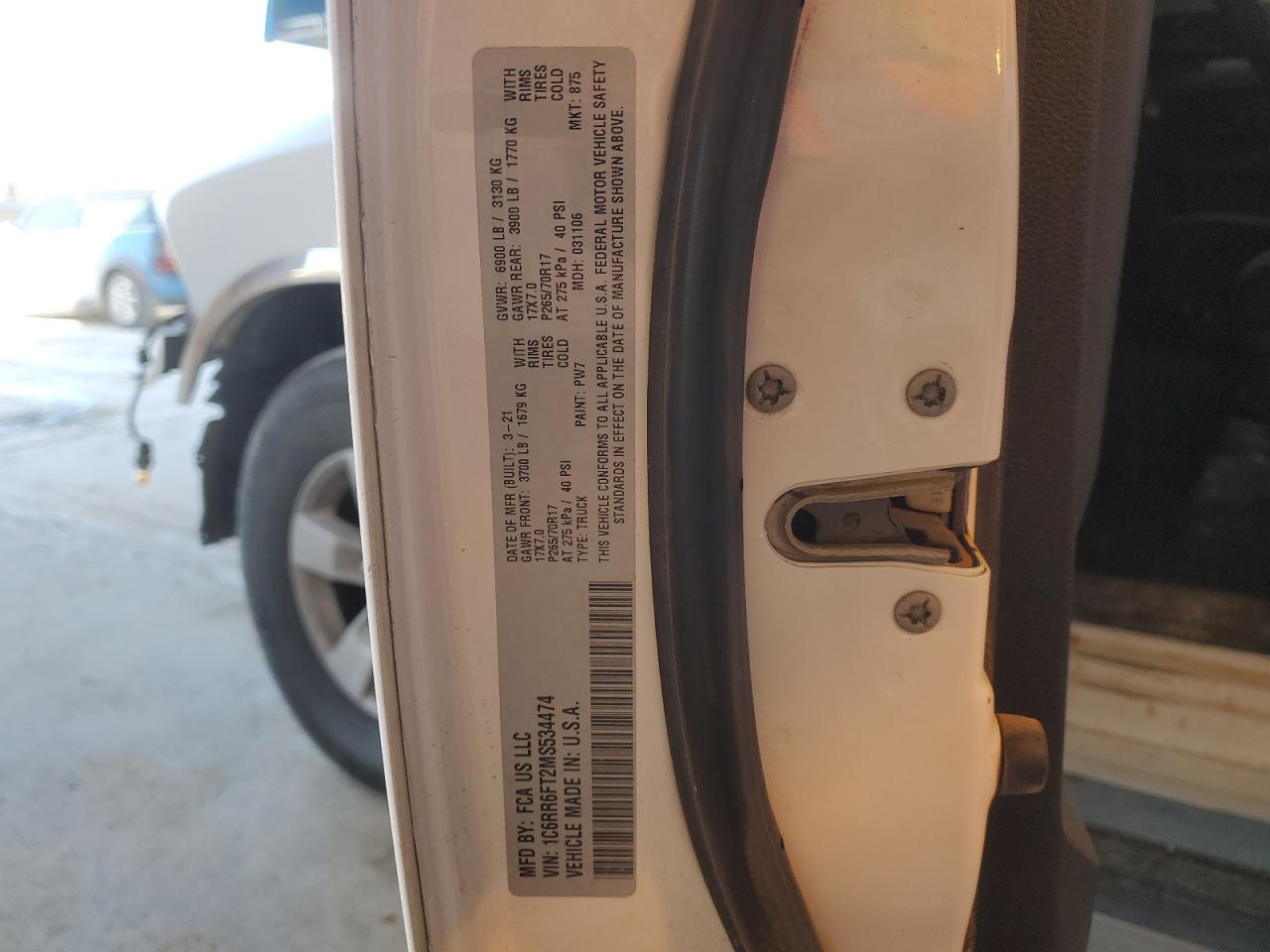 2021 RAM 1500 VIN 1C6RR6FT2MS534474 Copart auction photo, front end / minor dent/scratches damage thumbnail 13