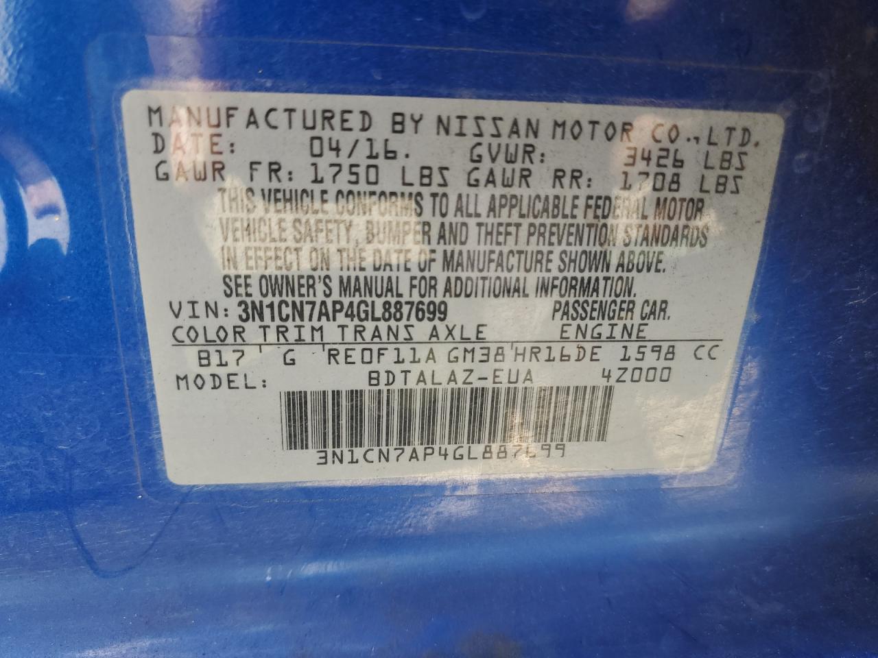 2016 Nissan Versa VIN 3N1CN7AP4GL887699 Copart auction photo, rear end damage thumbnail 12