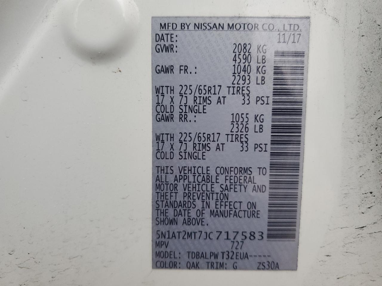 2018 Nissan Rogue VIN 5N1AT2MT7JC717583 Copart auction photo, front end / minor dent/scratches damage thumbnail 15