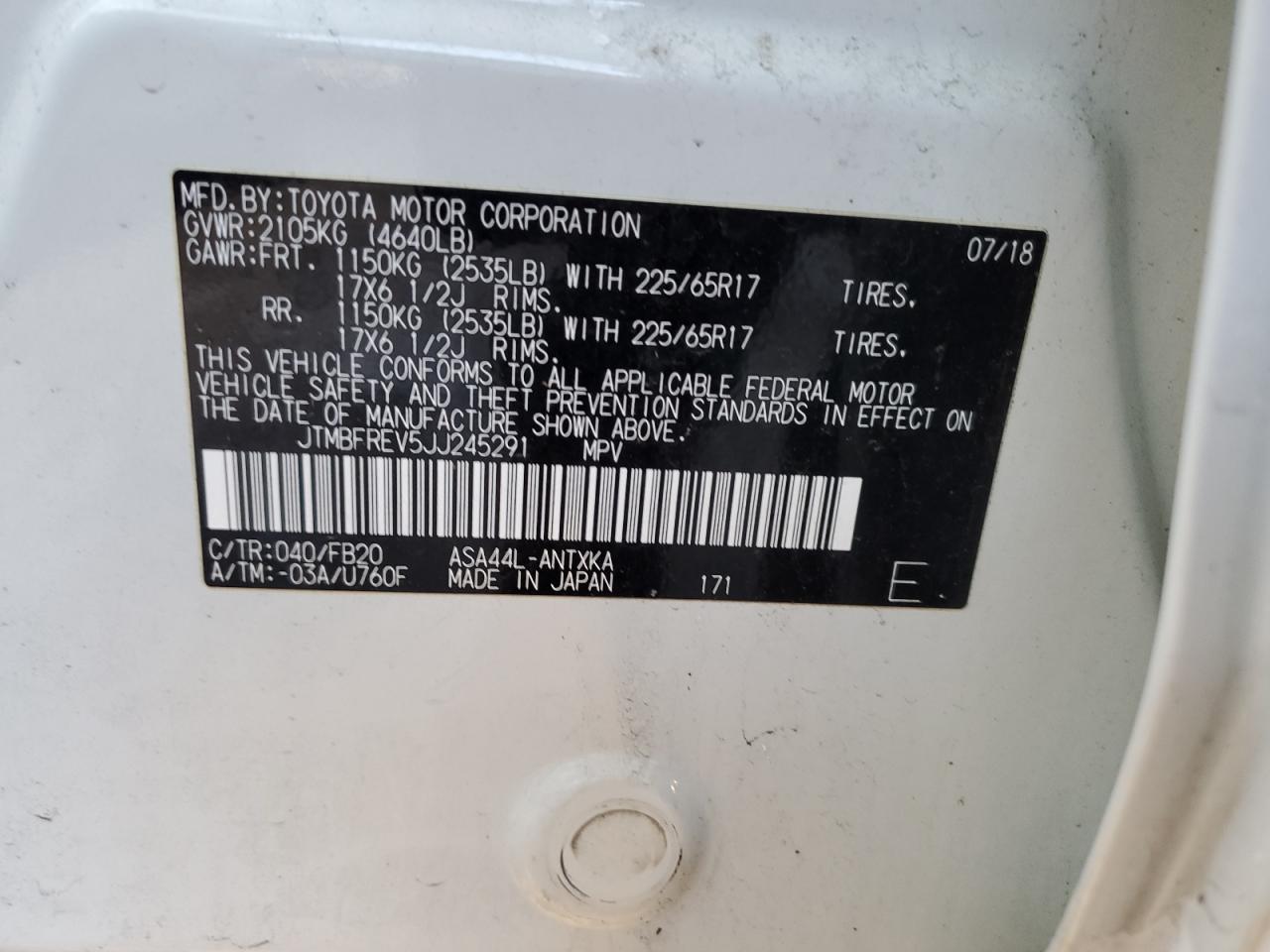 2018 Toyota RAV 4 VIN JTMBFREV5JJ245291 Copart auction photo, front end damage thumbnail 14