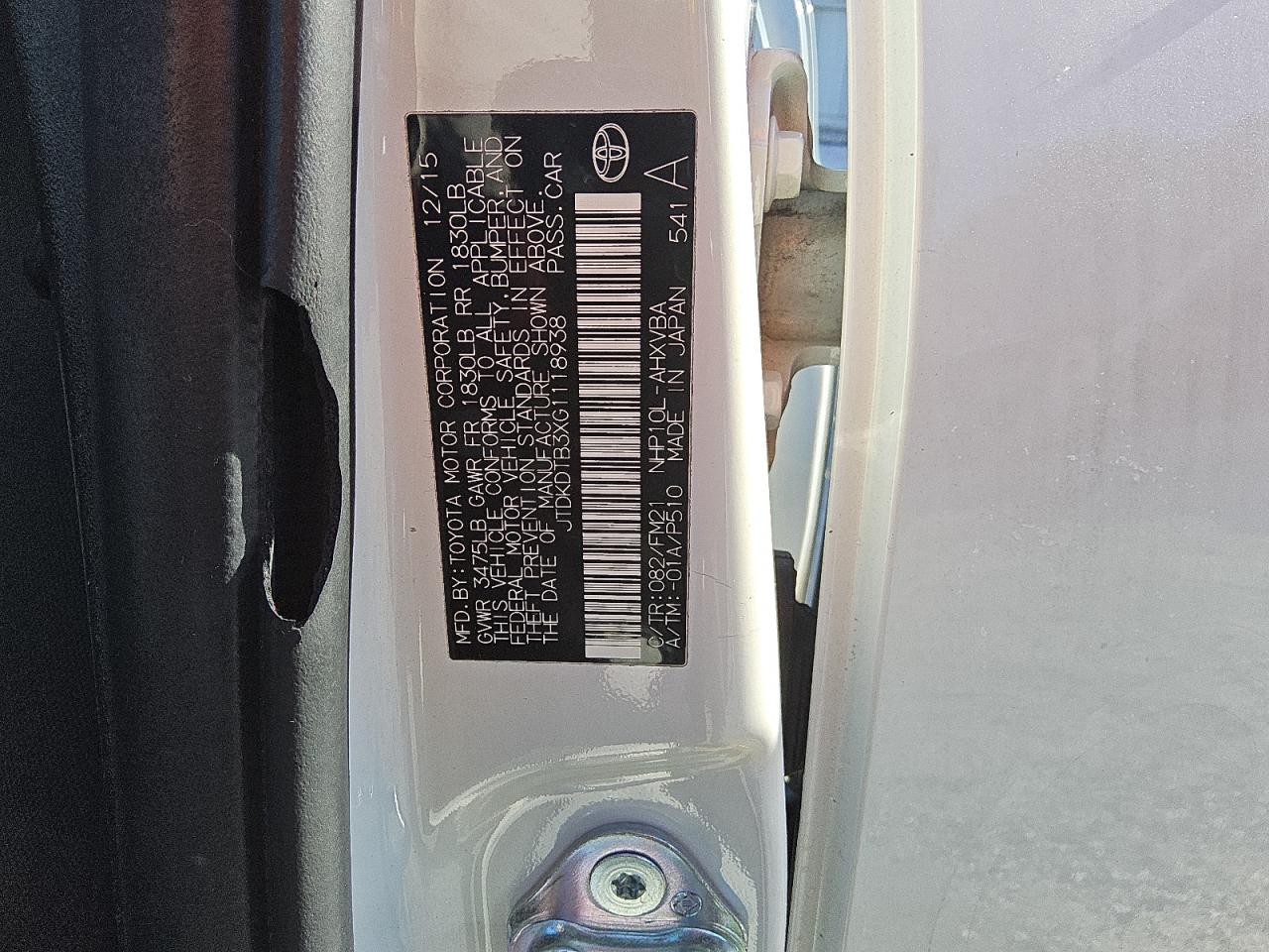 2016 Toyota Prius VIN JTDKDTB3XG1118938 Copart auction photo, normal wear damage thumbnail 12