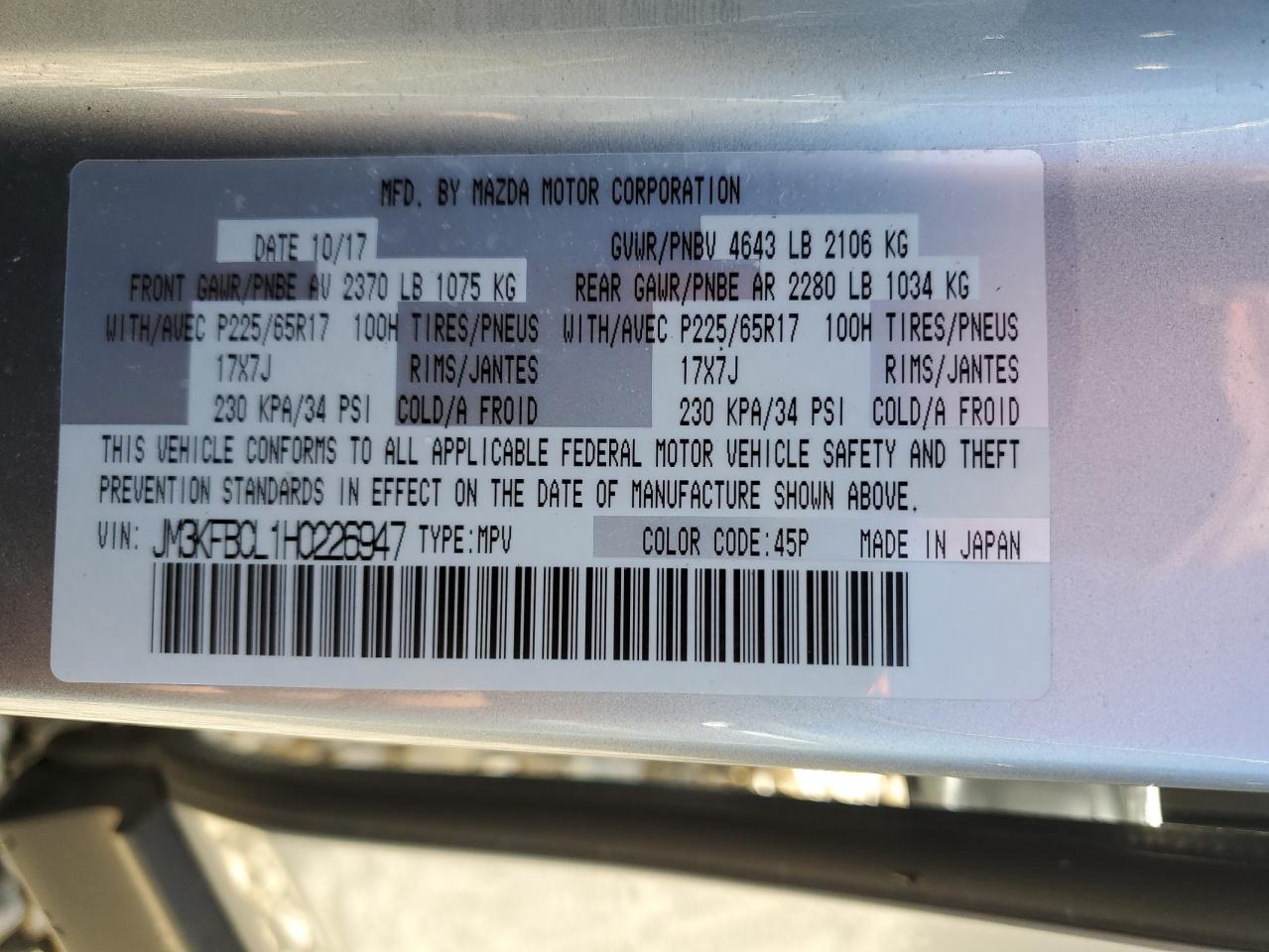 2017 Mazda CX-5 VIN JM3KFBCL1H0226947 Copart auction photo, front end damage thumbnail 14