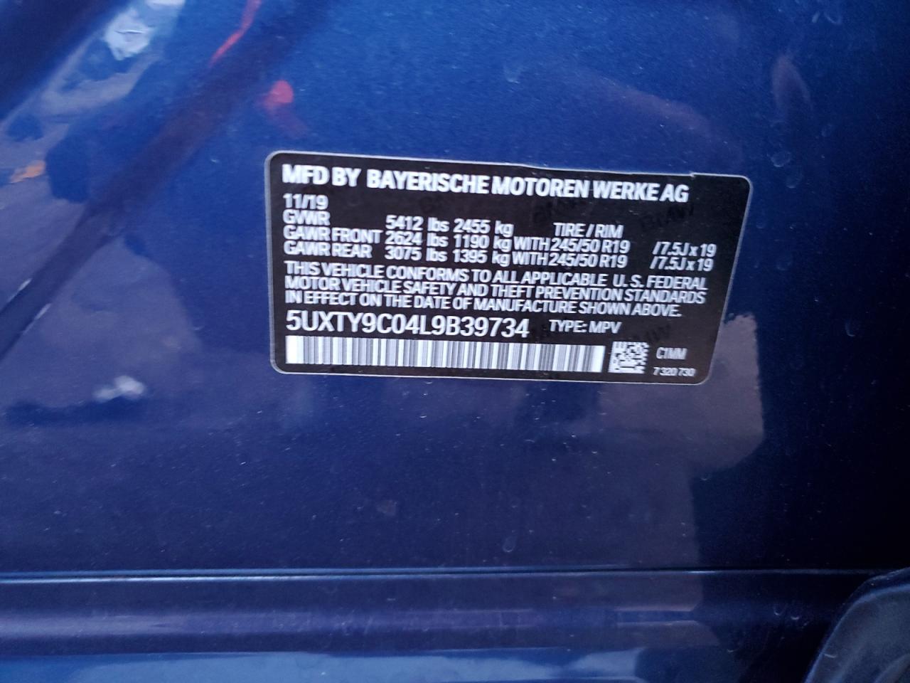 2020 BMW X3 VIN 5UXTY9C04L9B39734 Copart auction photo, front end damage thumbnail 13
