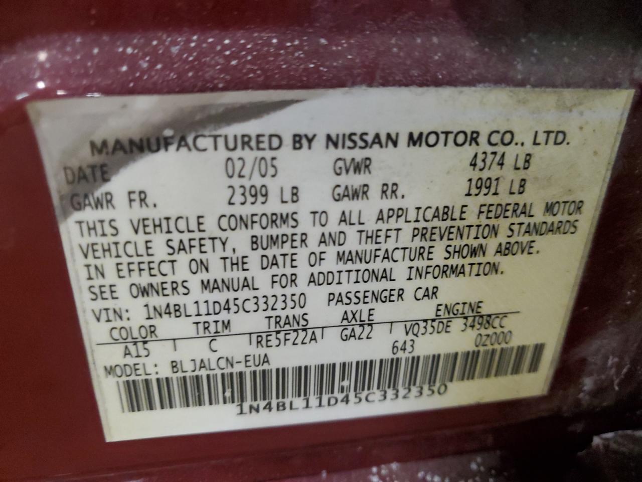 2005 Nissan Altima VIN 1N4BL11D45C332350 Copart auction photo, front end damage thumbnail 12