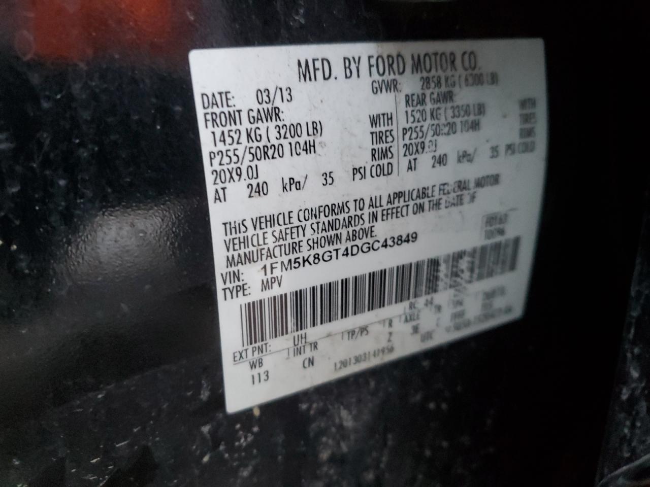 2013 Ford Explorer VIN 1FM5K8GT4DGC43849 Copart auction photo, all over damage thumbnail 15