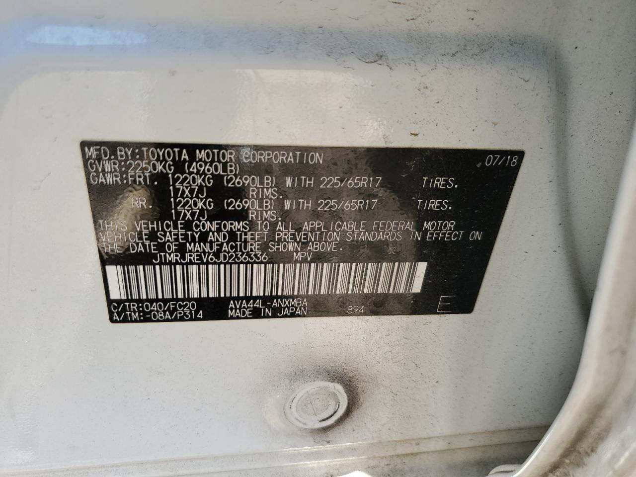 2018 Toyota RAV 4 VIN JTMRJREV6JD236336 Copart auction photo, rear end damage thumbnail 12