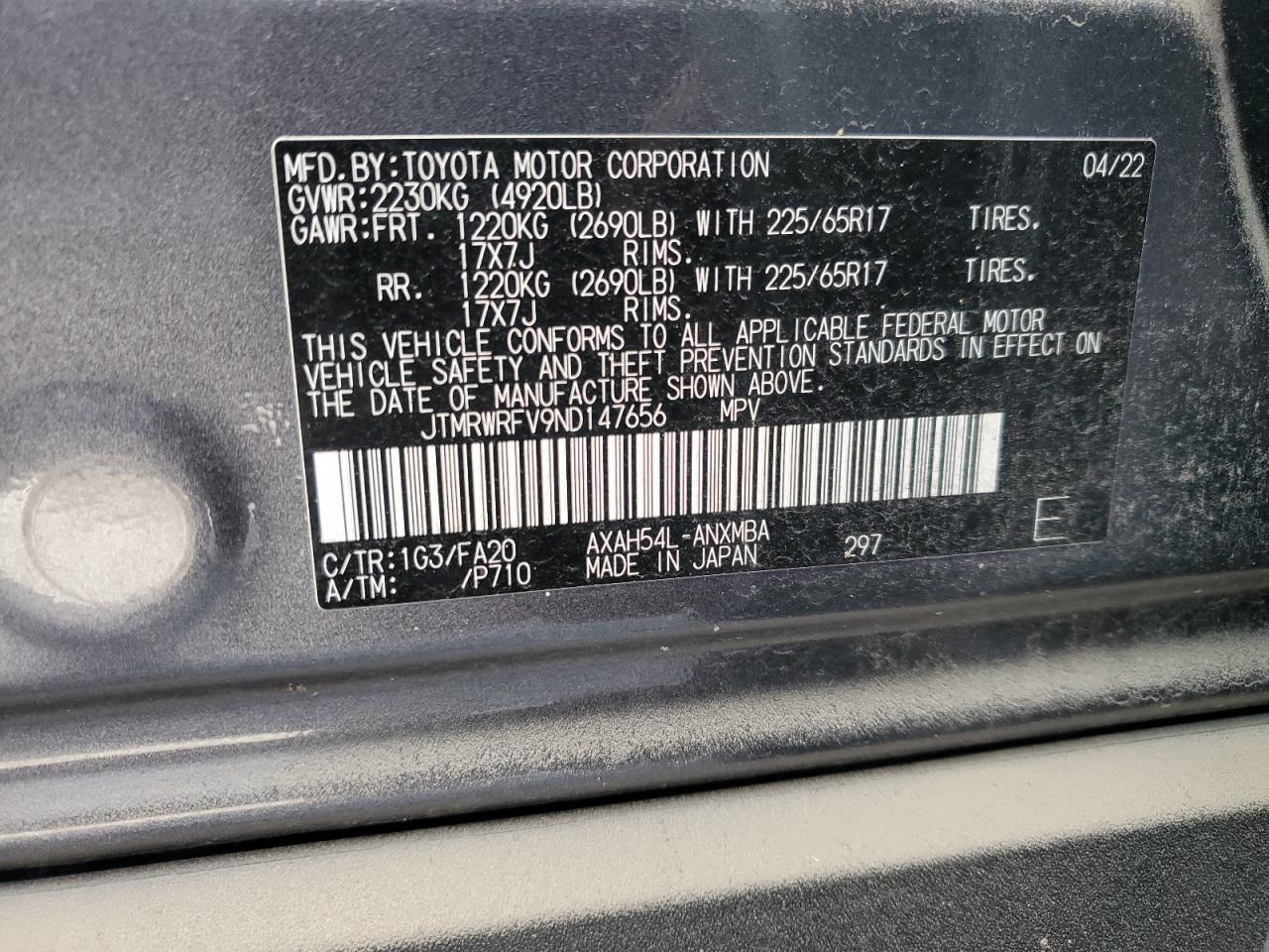 2022 Toyota RAV 4 VIN JTMRWRFV9ND147656 Copart auction photo, water/flood damage thumbnail 14