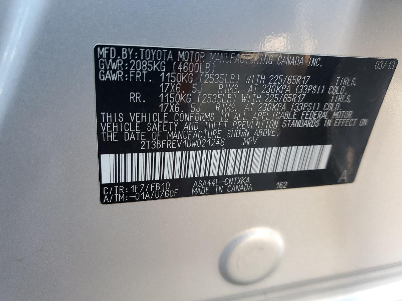 2013 Toyota RAV 4 VIN 2T3BFREV1DW021246 Copart auction photo, front end damage thumbnail 14