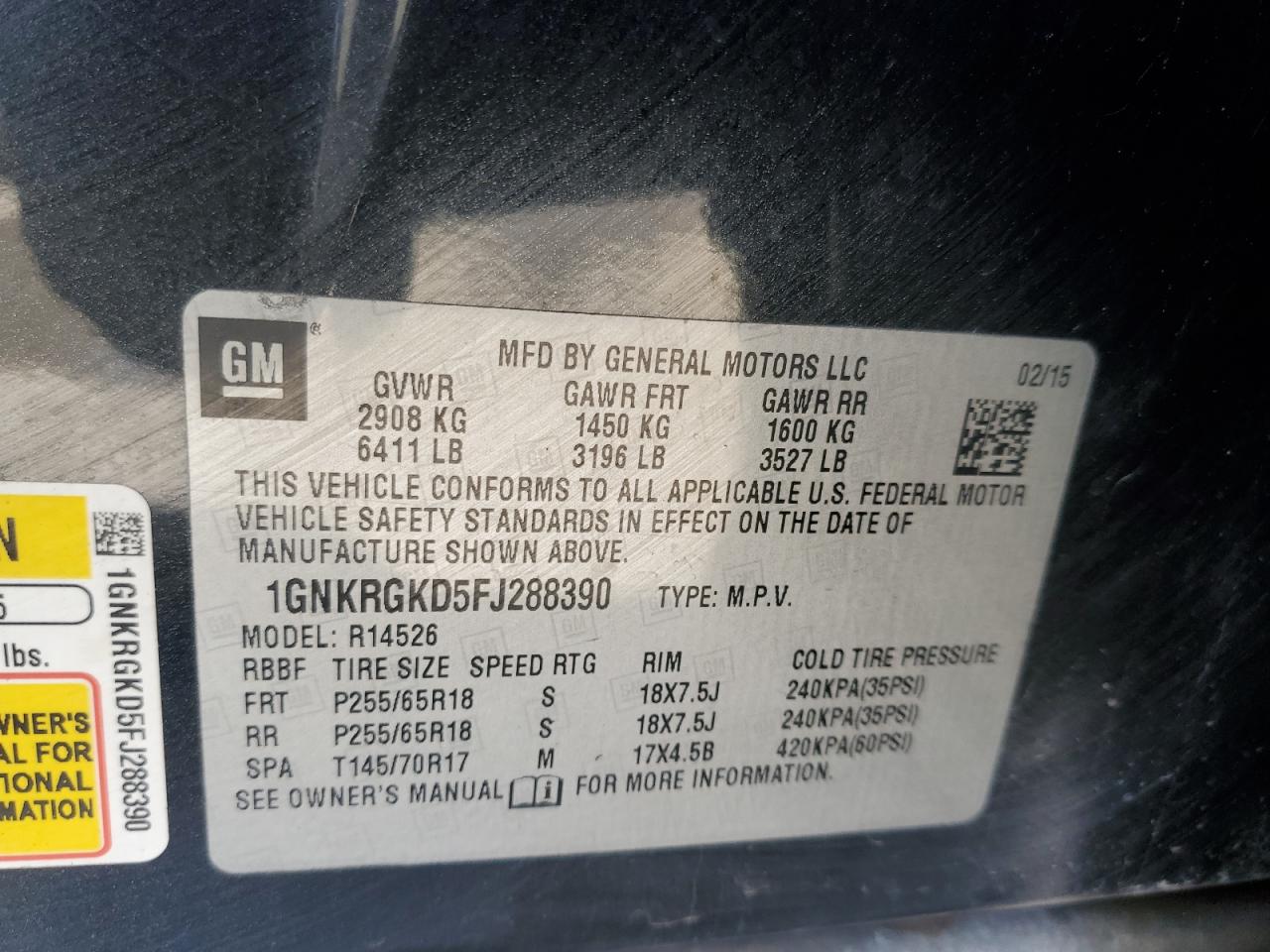 2015 Chevrolet Traverse VIN 1GNKRGKD5FJ288390 Copart auction photo, rear end / side damage thumbnail 13