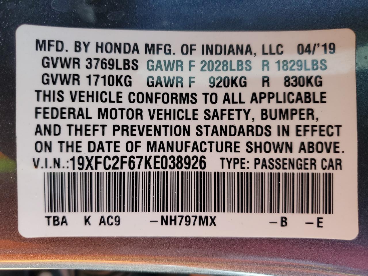 2019 Honda Civic VIN 19XFC2F67KE038926 Copart auction photo, rear end damage thumbnail 13