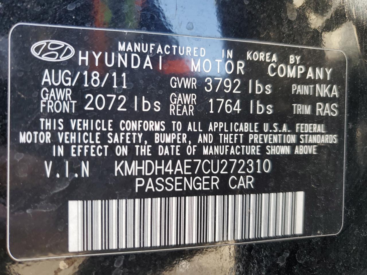 2012 Hyundai Elantra VIN KMHDH4AE7CU272310 Copart auction photo, front end damage thumbnail 12