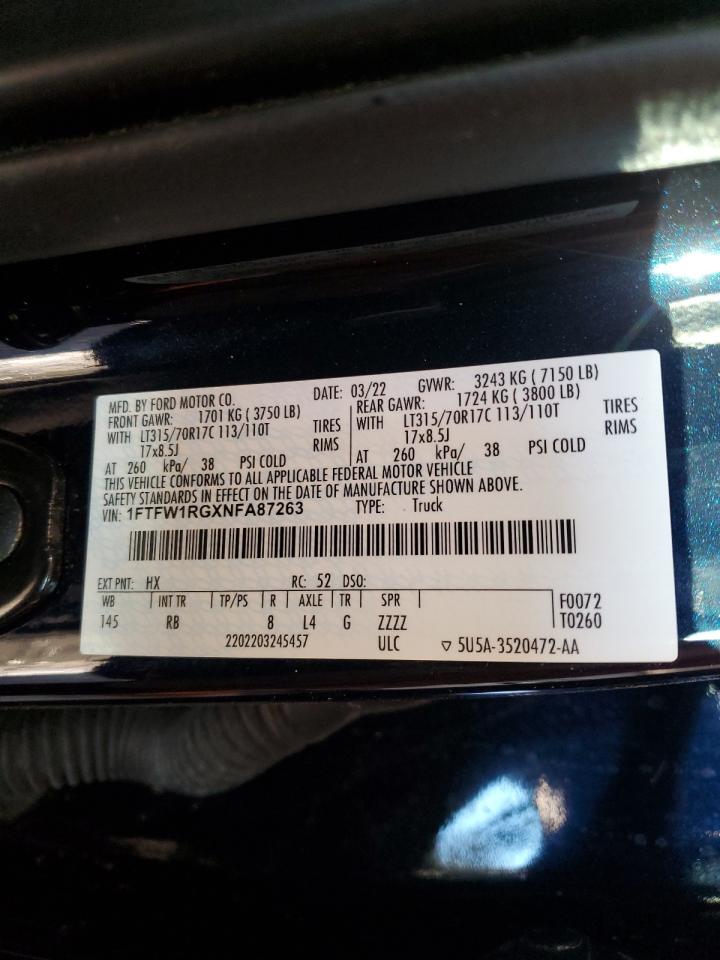 2022 Ford F-150 VIN 1FTFW1RGXNFA87263 Copart auction photo, rear end / undercarriage damage thumbnail 12