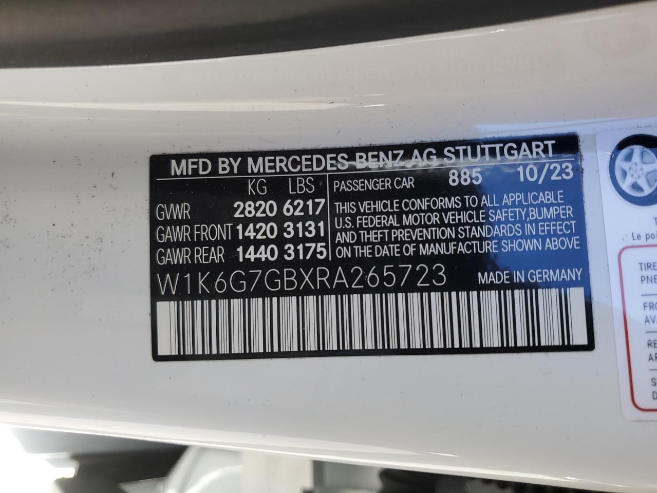 2024 Mercedes-Benz S-klasse VIN W1K6G7GBXRA265723 Copart auction photo, side / front end damage thumbnail 14