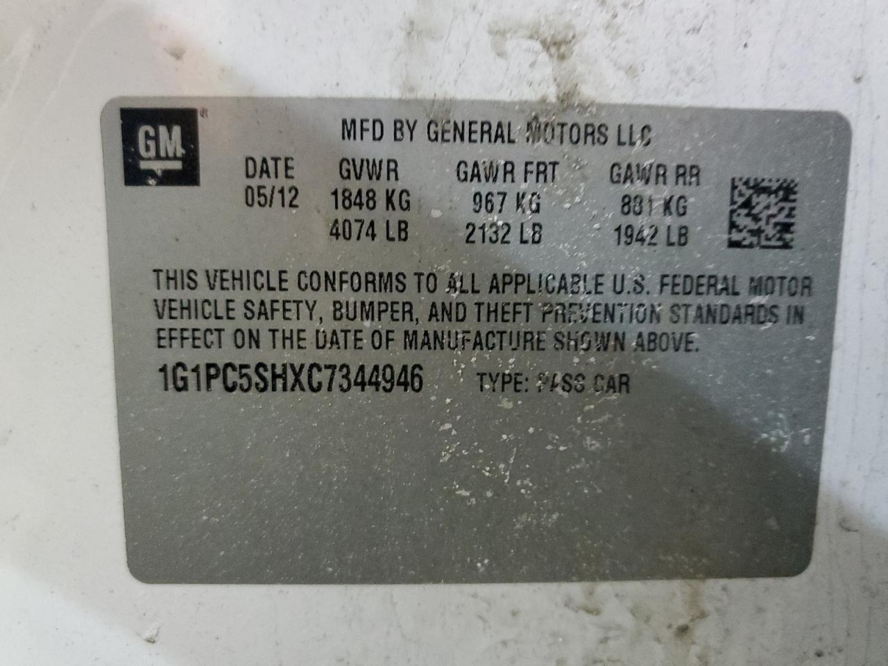 2012 Chevrolet Cruze VIN 1G1PC5SHXC7344946 Copart auction photo, rear end / front end damage thumbnail 12
