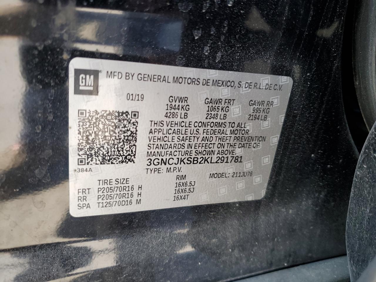 2019 Chevrolet Trax VIN 3GNCJKSB2KL291781 Copart auction photo, side damage thumbnail 15