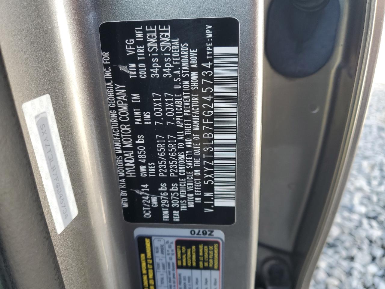 2015 Hyundai Santa Fe VIN 5XYZT3LB7FG245734 Copart auction photo, rear end / side damage thumbnail 13
