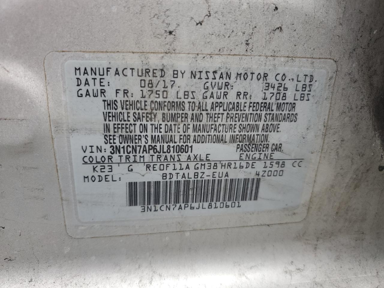 2018 Nissan Versa VIN 3N1CN7AP6JL810601 Copart auction photo, rear end / front end damage thumbnail 12