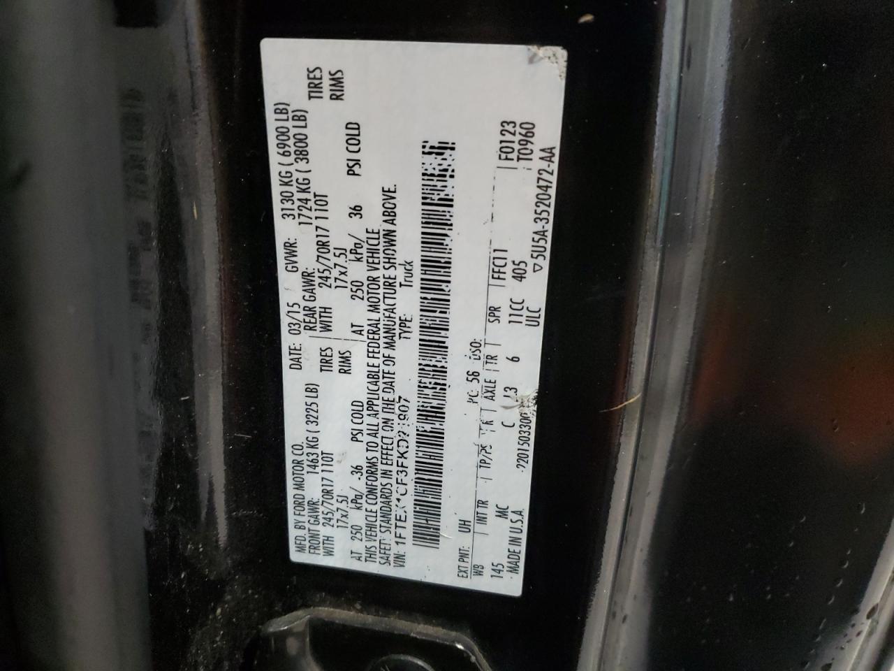 2015 Ford F-150 VIN 1FTEX1CF3FKD21907 Copart auction photo, front end / side damage thumbnail 14