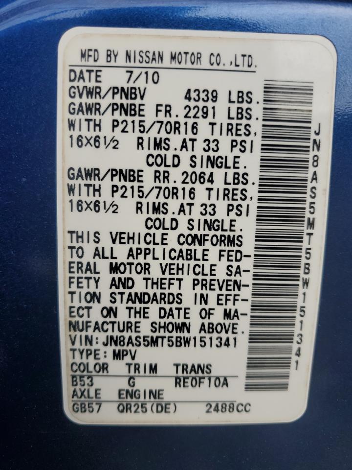 2011 Nissan Rogue VIN JN8AS5MT5BW151341 Copart auction photo, front end / side damage thumbnail 16