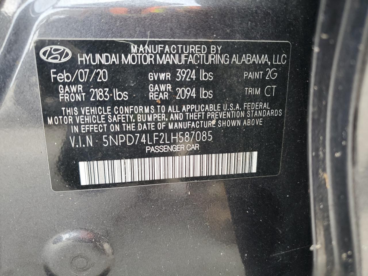 2020 Hyundai Elantra VIN 5NPD74LF2LH587085 Copart auction photo, top/roof damage thumbnail 12