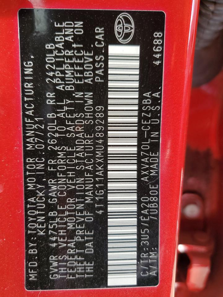 2021 Toyota Camry VIN 4T1G11AKXMU489289 Copart auction photo, rear end / mechanical damage thumbnail 12