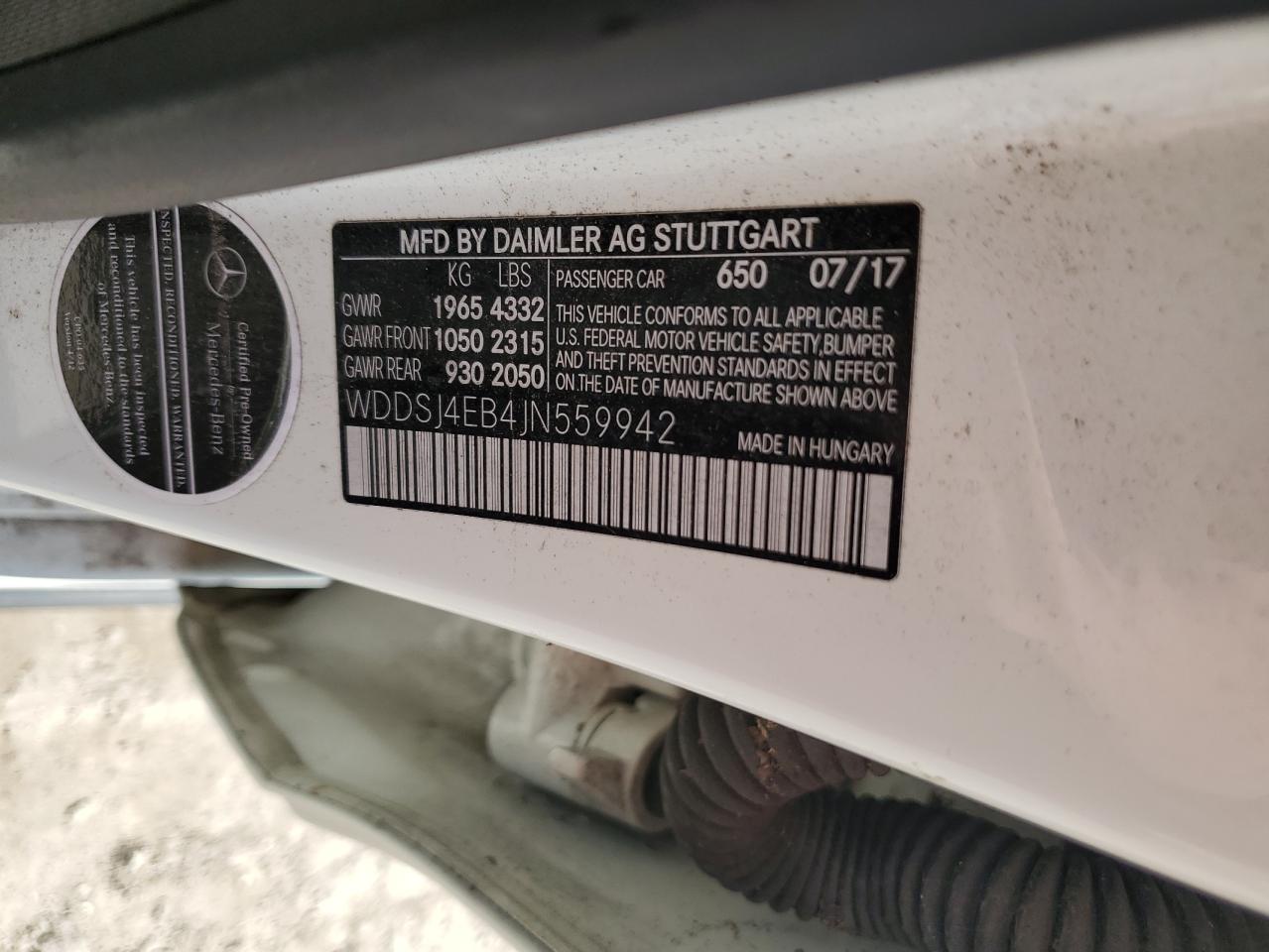 2018 Mercedes-Benz CLA-klasse VIN WDDSJ4EB4JN559942 Copart auction photo, water/flood damage thumbnail 13