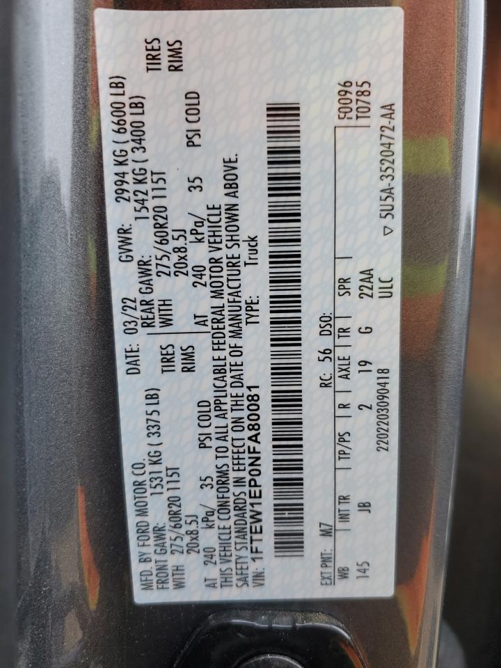 2022 Ford F-150 VIN 1FTEW1EP0NFA80081 Copart auction photo, front end damage thumbnail 14