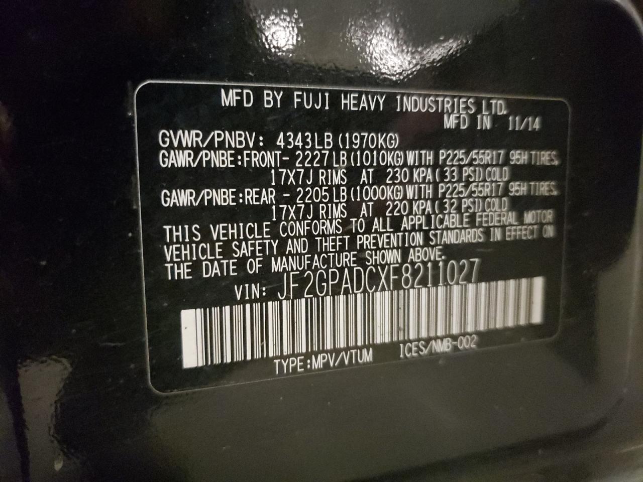 2015 Subaru XV VIN JF2GPADCXF8211027 Copart auction photo, front end damage thumbnail 13