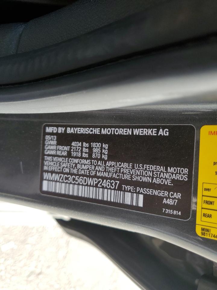 2013 MINI Cooper VIN WMWZC3C56DWP24637 Copart auction photo, rear end damage thumbnail 14