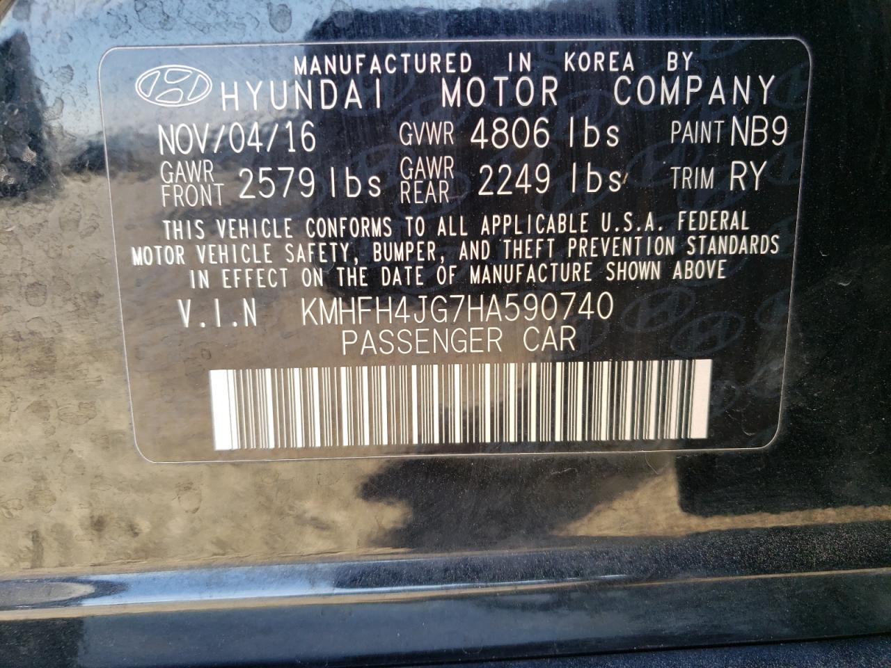 2017 Hyundai Azera VIN KMHFH4JG7HA590740 Copart auction photo, front end / rear end damage thumbnail 14