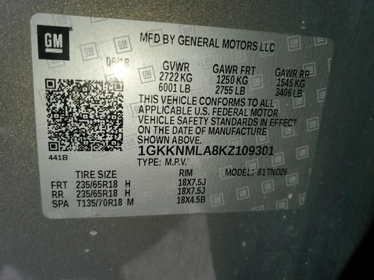 2019 GMC Acadia VIN 1GKKNMLA8KZ109301 Copart auction photo, front end / minor dent/scratches damage thumbnail 13