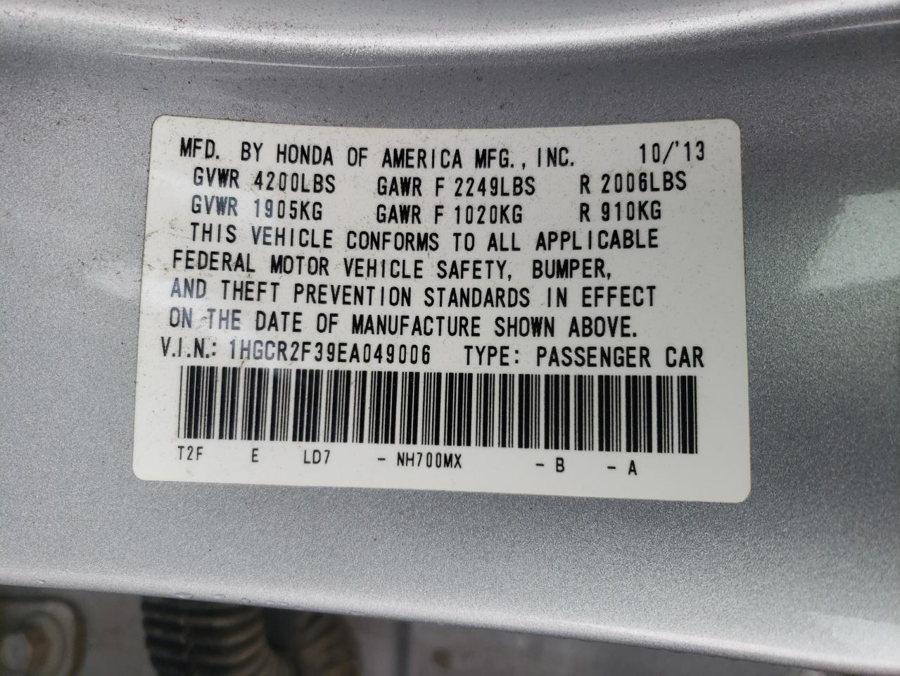 2014 Honda Accord VIN 1HGCR2F39EA049006 Copart auction photo, rear end damage thumbnail 12