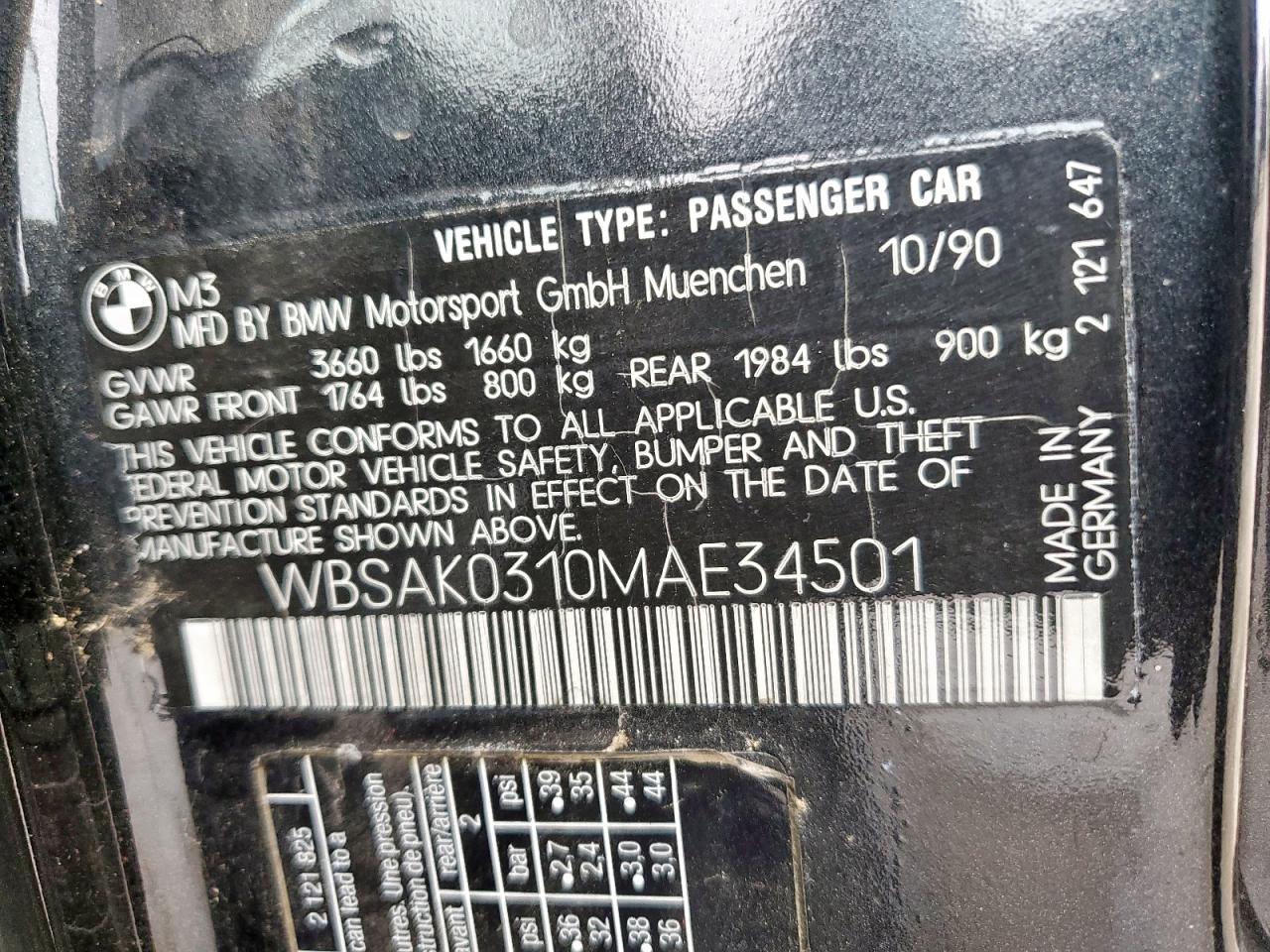 1991 BMW M3 VIN WBSAK0310MAE34501 Copart auction photo, vandalism damage thumbnail 13