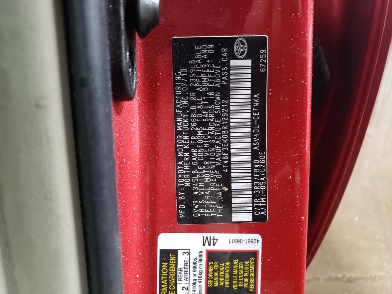 2011 Toyota Camry VIN 4T4BF3EK0BR129212 Copart auction photo, front end damage thumbnail 13