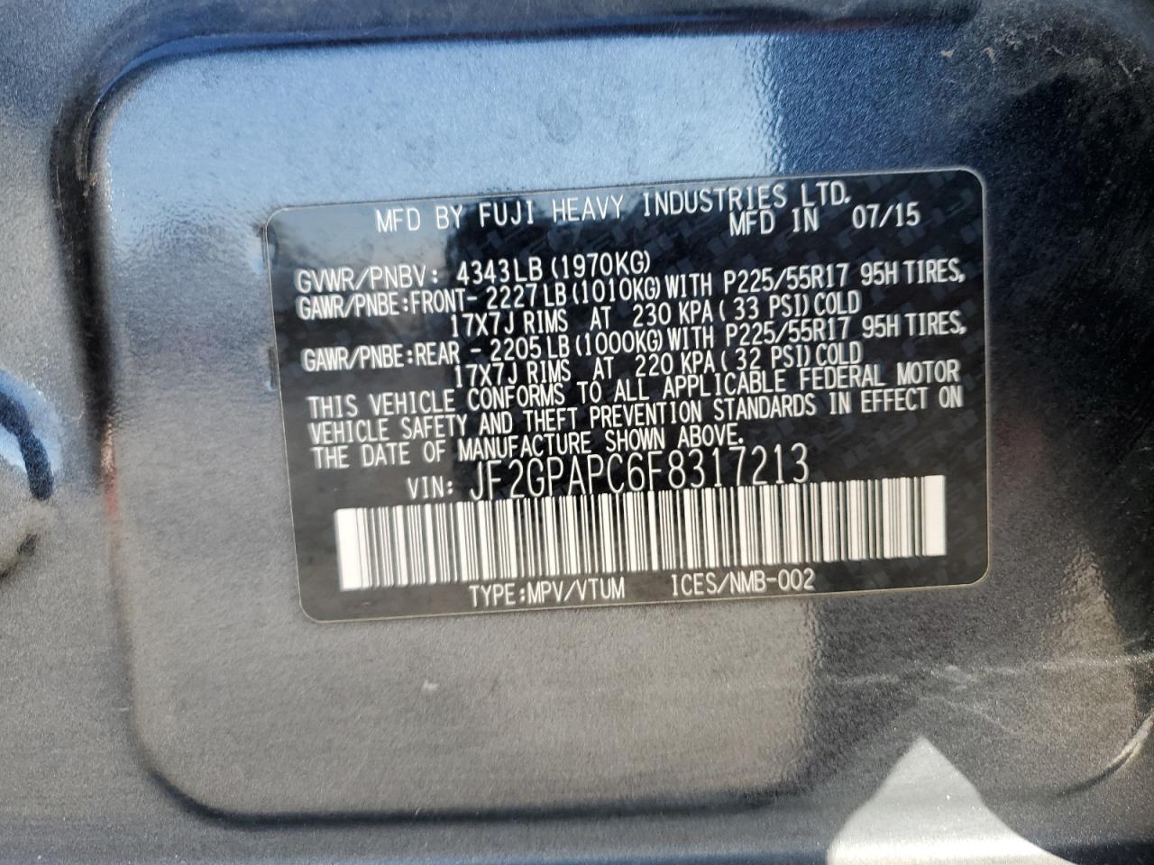 2015 Subaru XV VIN JF2GPAPC6F8317213 Copart auction photo, front end / side damage thumbnail 13