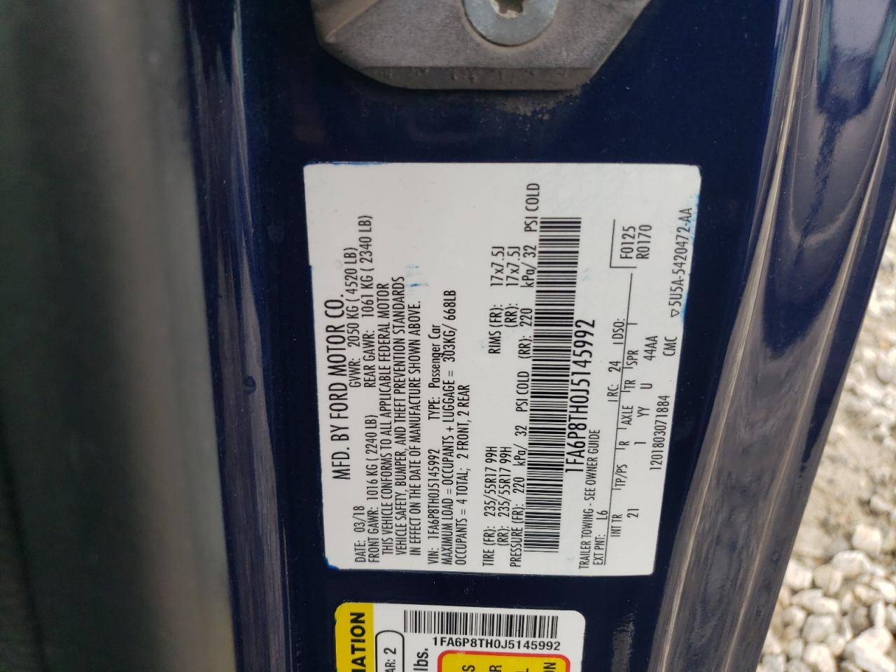2018 Ford Mustang VIN 1FA6P8TH0J5145992 Copart auction photo, front end / minor dent/scratches damage thumbnail 12