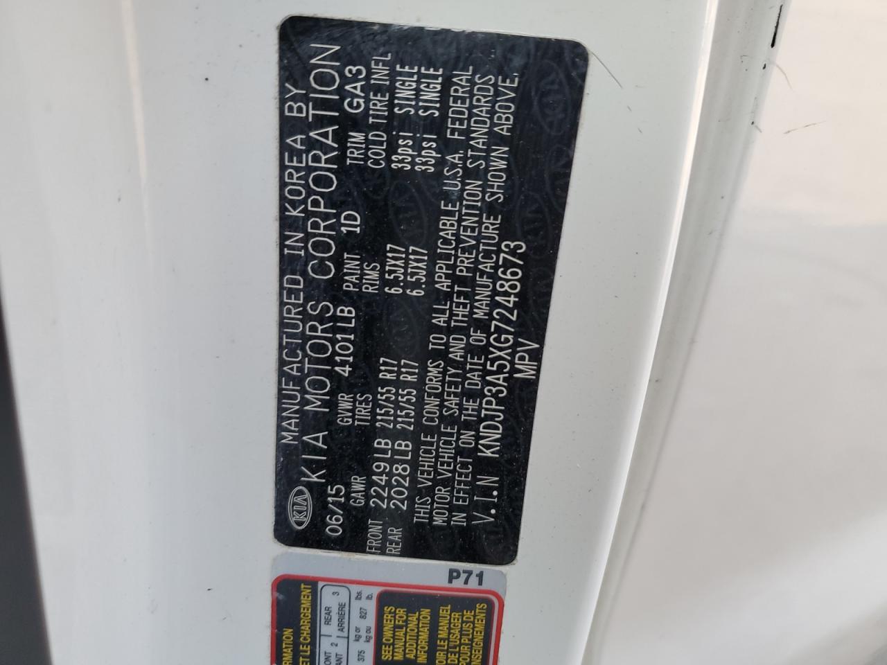 2016 KIA Soul VIN KNDJP3A5XG7248673 Copart auction photo, front end / side damage thumbnail 13
