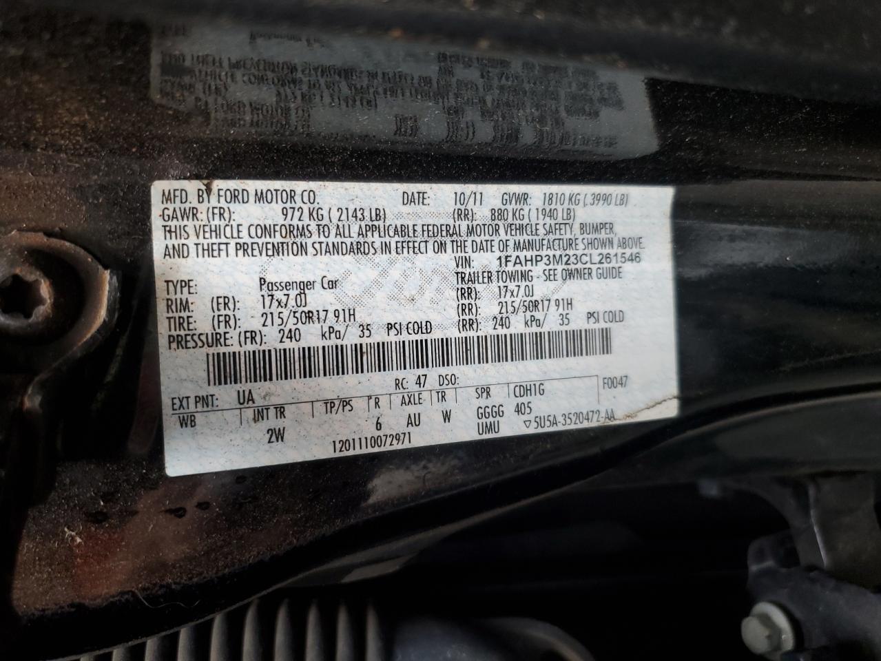 2012 Ford Focus VIN 1FAHP3M23CL261546 Copart auction photo, rear end damage thumbnail 13