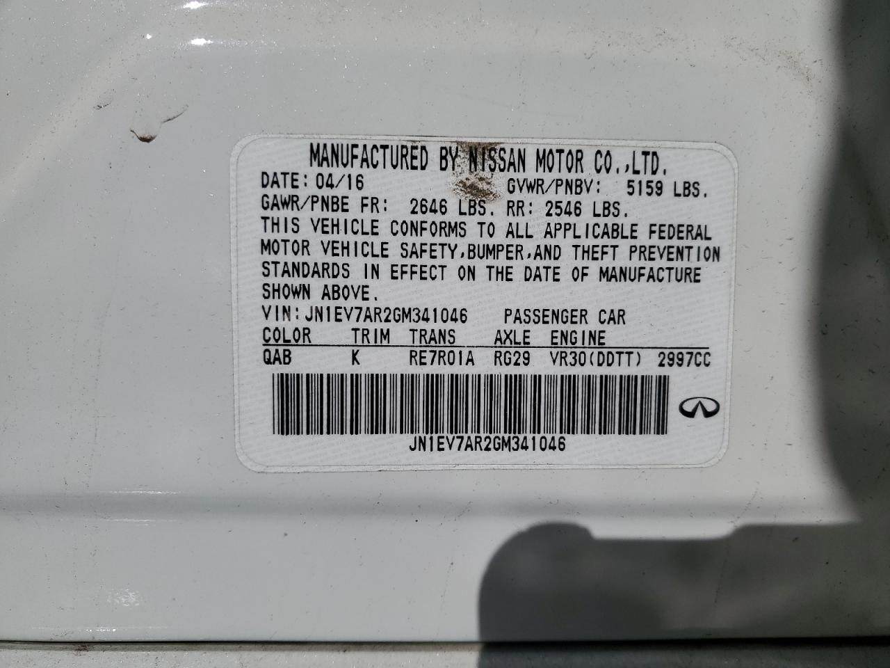 2016 Infiniti Q50 VIN JN1EV7AR2GM341046 Copart auction photo, all over damage thumbnail 12