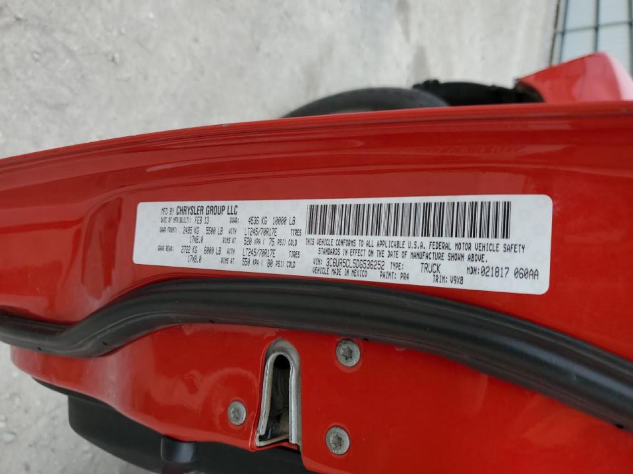 2013 RAM 2500 VIN 3C6UR5CL5DG536252 Copart auction photo, front end damage thumbnail 12