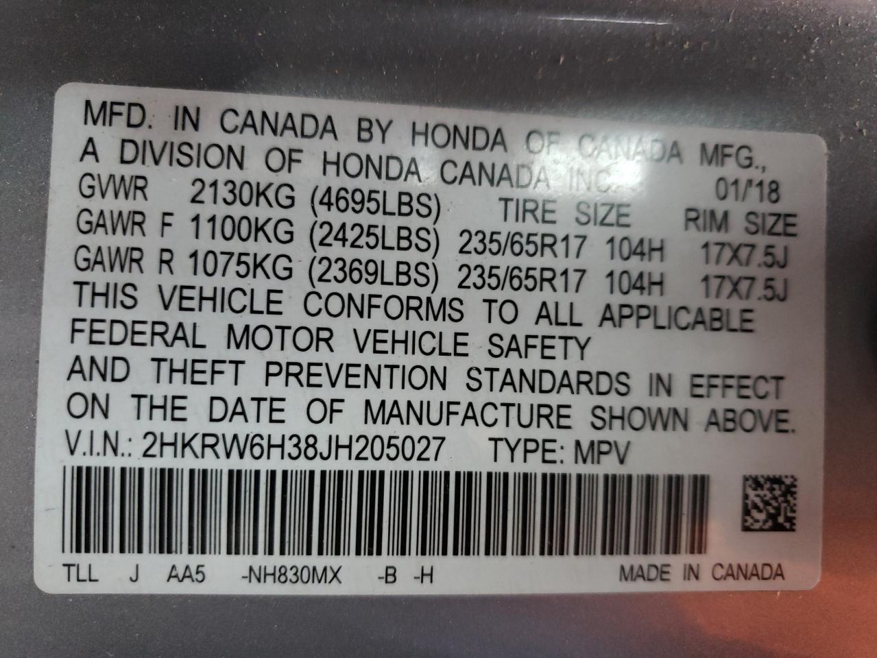 2018 Honda CR-V VIN 2HKRW6H38JH205027 Copart auction photo, front end / side damage thumbnail 13