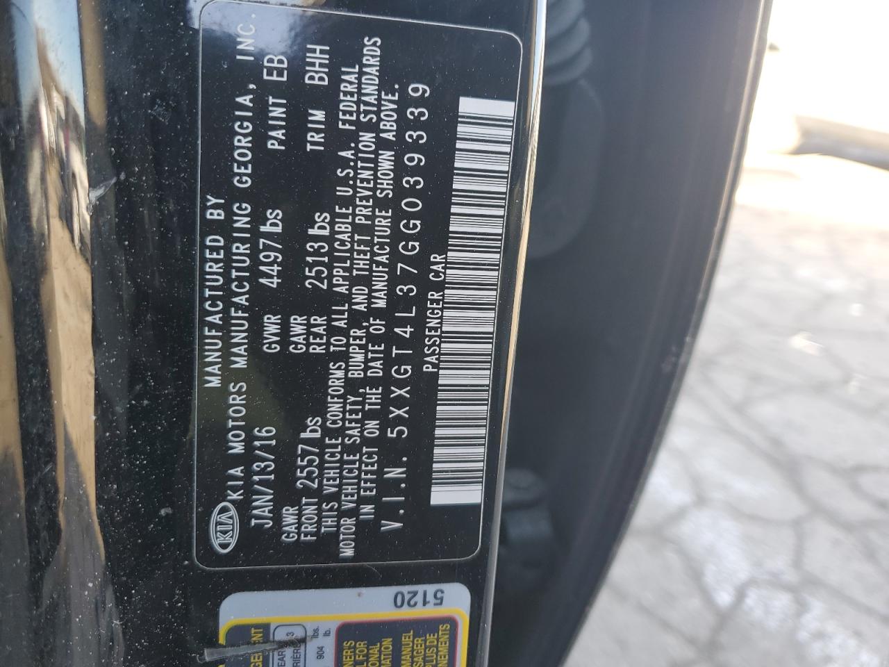 2016 KIA Optima VIN 5XXGT4L37GG039339 Copart auction photo, front end damage thumbnail 12