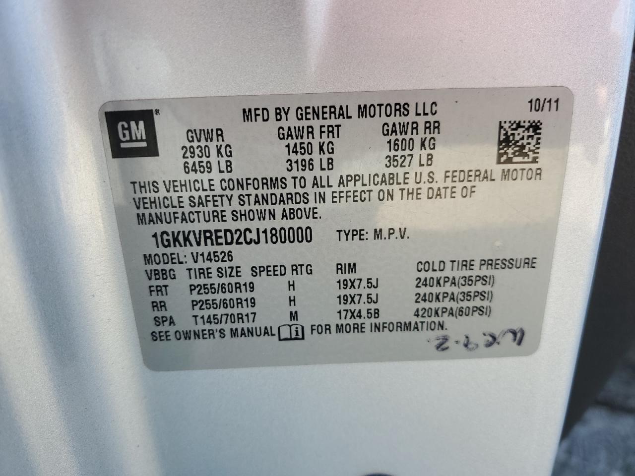 2012 GMC Acadia VIN 1GKKVRED2CJ180000 Copart auction photo, front end damage thumbnail 13