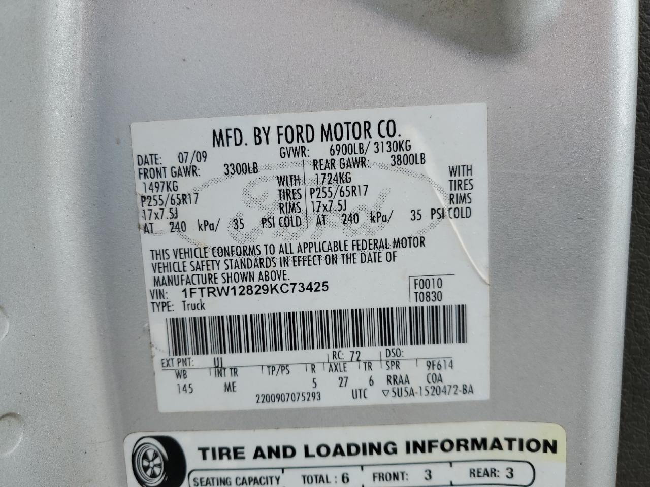 2009 Ford F-150 VIN 1FTRW12829KC73425 Copart auction photo, all over / mechanical damage thumbnail 13