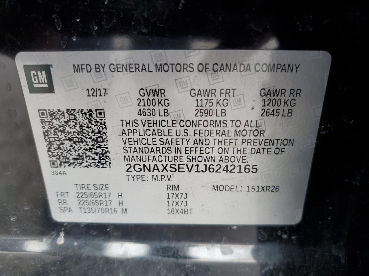 2018 Chevrolet Equinox VIN 2GNAXSEV1J6242165 Copart auction photo, rear end damage thumbnail 14