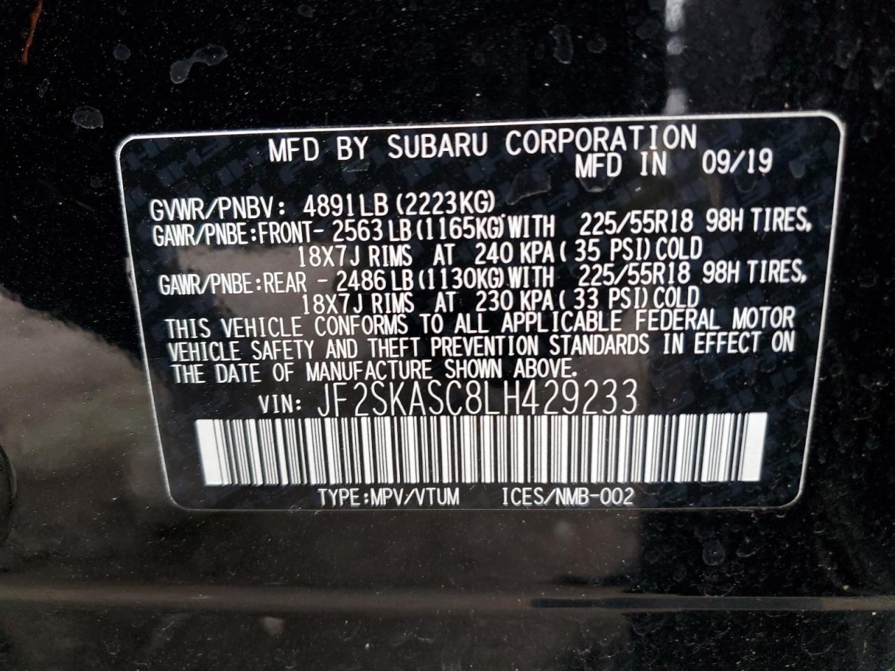 2020 Subaru Forester VIN JF2SKASC8LH429233 Copart auction photo, front end / minor dent/scratches damage thumbnail 15