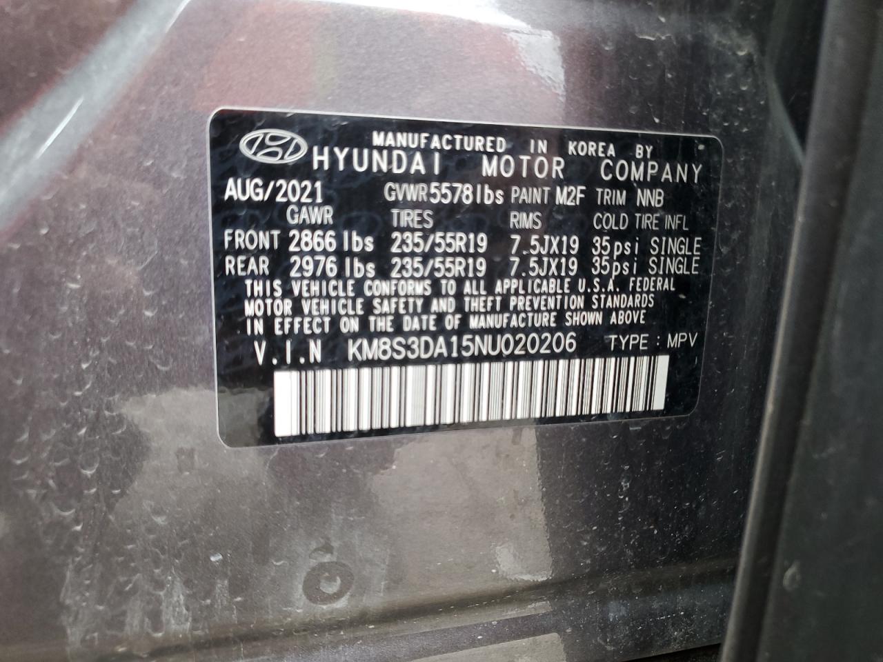 2022 Hyundai Santa Fe VIN KM8S3DA15NU020206 Copart auction photo, front end / minor dent/scratches damage thumbnail 13
